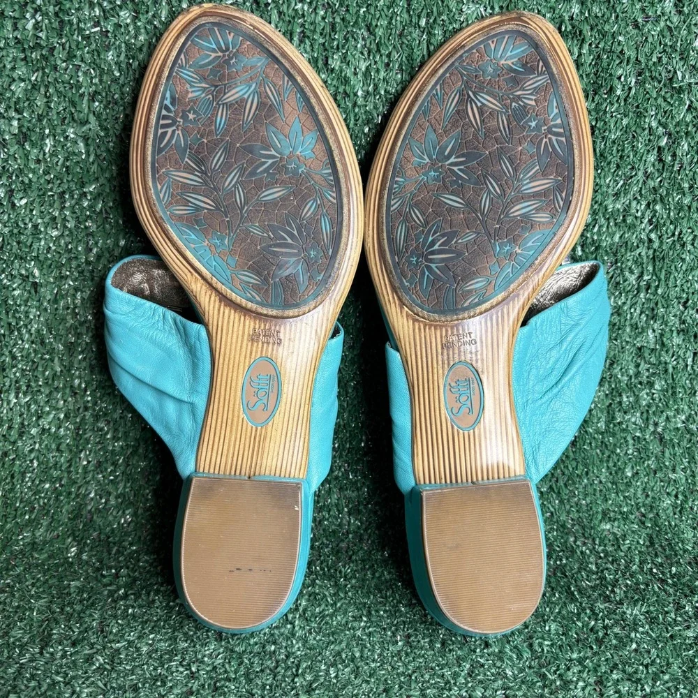 Sofft Leather‎ Hardware Low Wedge Slip On Thong Sandals Turquoise Womens Size 10